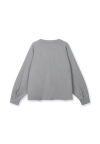 Sweat-shirt gris à manches longues, avec poignets et col rond. Présente une couture centrale dans le dos et des détails côtelés au niveau du col.