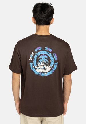 Brown cotton t-shirt featuring a colorful cartoon graphic on the back, depicting a curled-up dog surrounded by blue and purple designs.