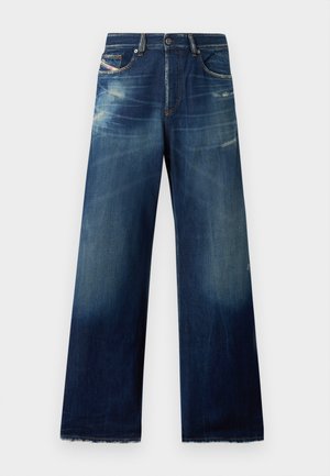 Wide-leg denim jeans in dark blue with faded areas, distressed detailing, and frayed hems. Four pockets and a button closure.