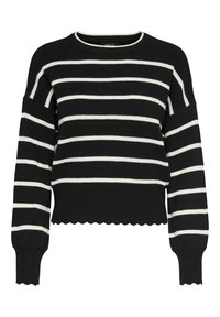 Black sweater with white horizontal stripes, ribbed texture, round neckline, and scalloped hem. Long sleeves with fitted cuffs.