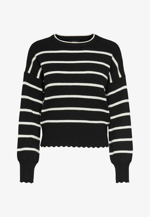 Black sweater with white horizontal stripes, ribbed texture, round neckline, and scalloped hem. Long sleeves with fitted cuffs.