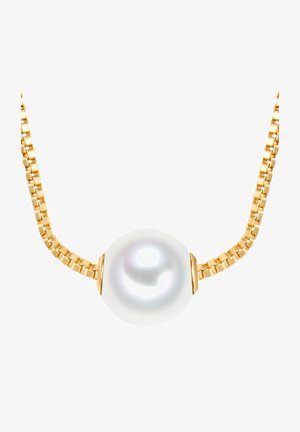 Arany lánc nyaklánc, nagy, kerek, fehér gyöngy medállal. A lánc négyzetes link kialakítással rendelkezik, amely texturált megjelenést kölcsönöz.