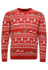 Pull rouge en tricot avec des motifs festifs blancs et verts incluant des dinosaures, des bonhommes de neige et des rennes, avec un col rond classique.