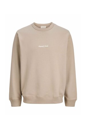 Beige sweatshirt med rund halsudskæring og ribbede manchetter. Har subtil hvid tekst på forsiden. Blødt stof med en glat tekstur.
