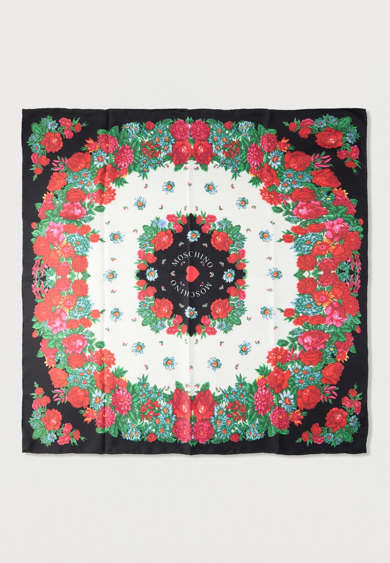 Square silk scarf featuring a floral pattern with red roses and colorful accents on a white center, bordered by black fabric.
