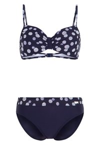 Navy-Bikini-Set mit gepunktetem Muster und variierenden Streifenmustern. Das Oberteil hat verstellbare Träger und ein Drehdetail; das Unterteil ist hochgeschnitten.