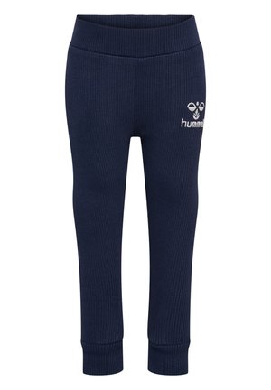 Granatowe legginsy w prążki z szerokim pasem w talii i detalami z logo. Gładka faktura, dopasowany krój oraz długość sięgająca kostek.