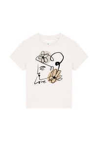 Witte katoenen t-shirt met een minimalistische lijntekening van een vrouwelijk gezicht met bloemaccenten en het woord "Liefde" in het zwart.