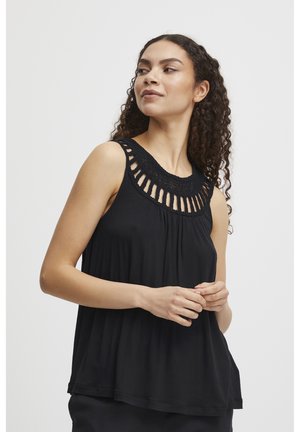Zwarte mouwloze top met een gestructureerde haaknaad, voorzien van een relaxed fit en geplooid design. Glad materiaal en eenvoudige silhouet.