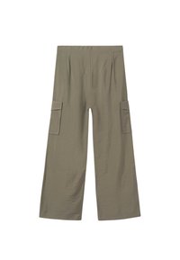 Pantaloni cargo in un verde oliva tenue, realizzati in tessuto leggero, con una vestibilità rilassata, vita elasticizzata e due tasche laterali.