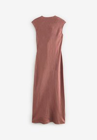 Mauve, mekko ilman hihoja, pyöreällä pääntiellä, A-linjainen siluetti ja sileä pinta. Ei näkyviä kuvioita tai metalliosia.