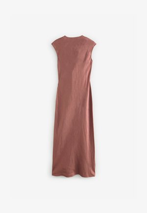 Vínový, bezrukávový šaty s kulatým výstřihem, A-linie silueta a hladká textura. Žádné viditelné vzory nebo detaily hardwaru.