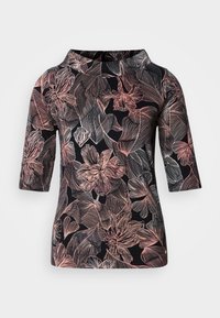 Black top with three-quarter sleeves, featuring a floral pattern in light pink and white lines, with a round neckline and relaxed fit.