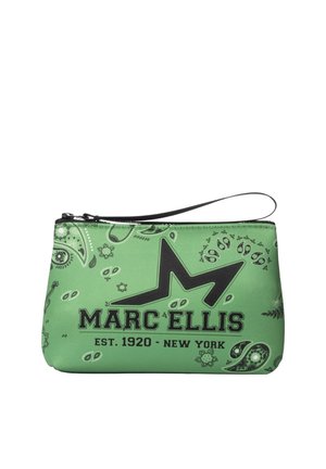 Petit sac bracelet vert avec motifs cachemire noirs, fermeture éclair noire, et texte "Marc Ellis EST. 1920 - New York" avec grand logo étoile à l'avant.