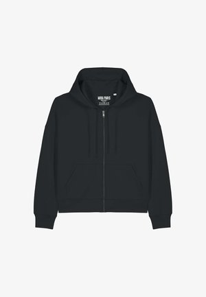 Sweat à capuche noir avec fermeture éclair, fabriqué en tissu doux, doté d'une poche avant, d'une capuche réglable avec cordon de serrage et de poignets côtelés. Design épuré et minimaliste.