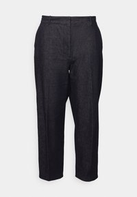 Donkerdenim broek met een recht gesneden ontwerp, waardoor een gladde textuur ontstaat, met een standaard tailleband en zonder zichtbare zakken of hardware.