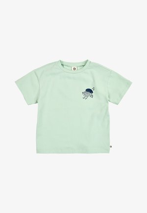 Light green short-sleeve T-shirt with a small navy blue jellyfish graphic on the upper left chest area.