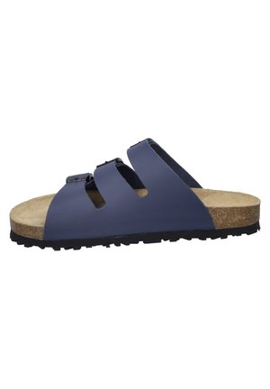 Navy Slide-Sandale mit drei verstellbaren Riemen, Korkfußbett und strukturiertem schwarzen Gummisohle. Offenes Zehendesign.