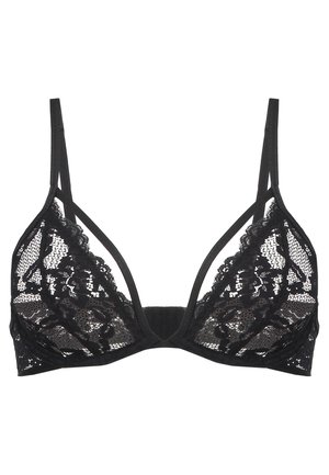 Schwarzer Spitzen-Bralette mit halbtransparenten Cups, verstellbaren Trägern und zarten Blumenmustern. Weicher Stoff und minimalistisches Design.