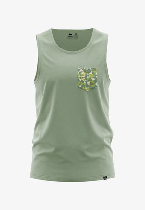Light green sleeveless tank top in soft material, featuring a geometric patterned pocket in shades of green, blue, and yellow.