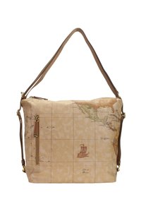 Borsa a spalla in tela con stampa mappa in tonalità beige e marrone, dotata di una tasca laterale con cerniera e una tracolla marrone.