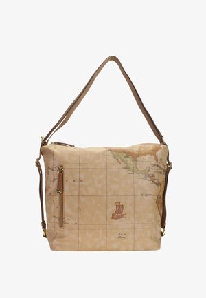 Borsa a spalla in tela con stampa mappa in tonalità beige e marrone, dotata di una tasca laterale con cerniera e una tracolla marrone.