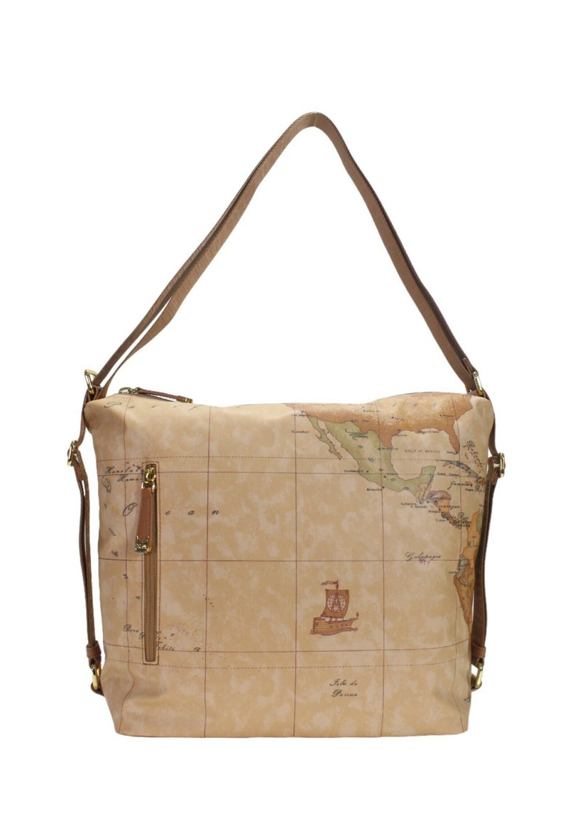 Borsa a spalla in tela con stampa mappa in tonalità beige e marrone, dotata di una tasca laterale con cerniera e una tracolla marrone.