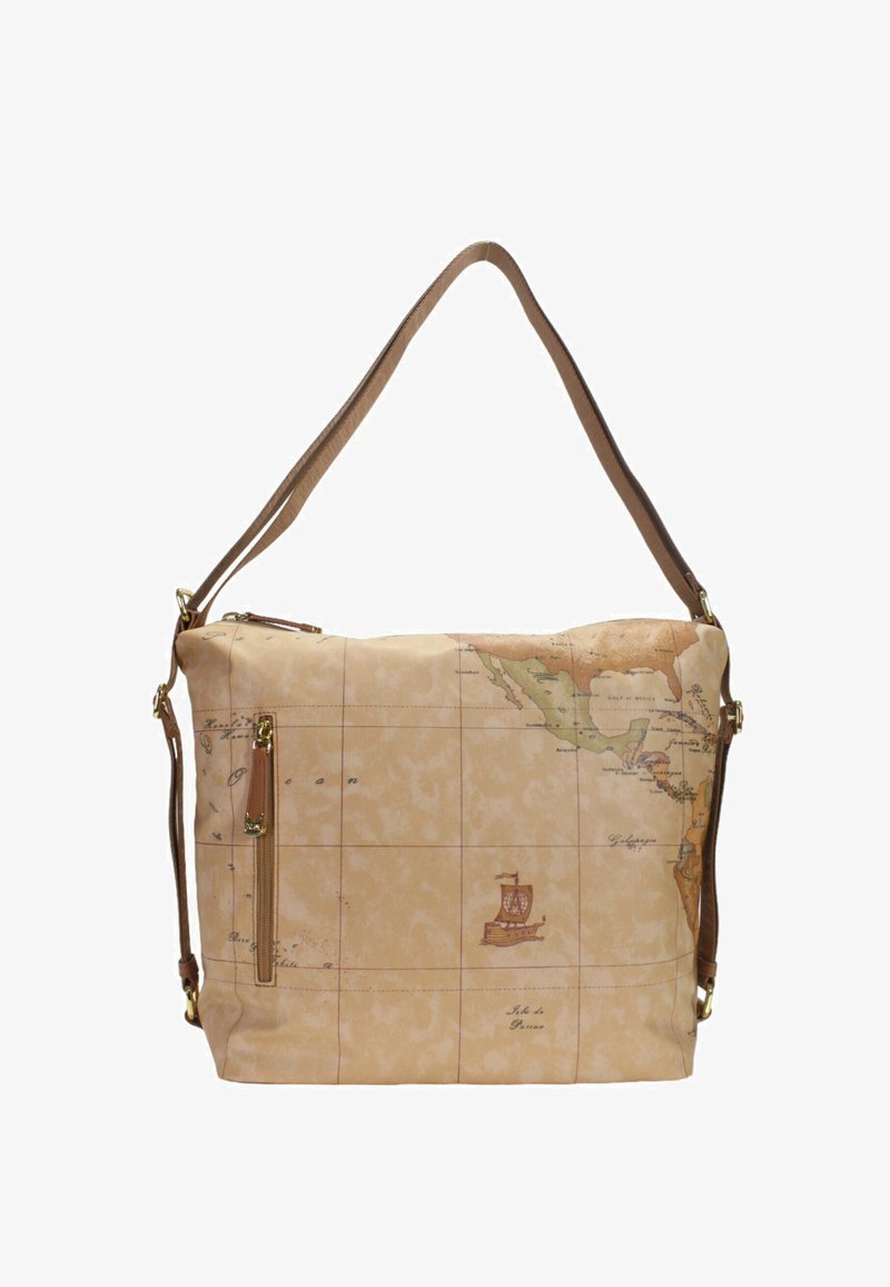 Borsa a spalla in tela con stampa mappa in tonalità beige e marrone, dotata di una tasca laterale con cerniera e una tracolla marrone.