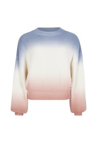 Sweter dzianinowy z designem ombre, przechodzącym od jasnoniebieskiego do białego i delikatnego różowego, z okrągłym dekoltem i ściągaczami.