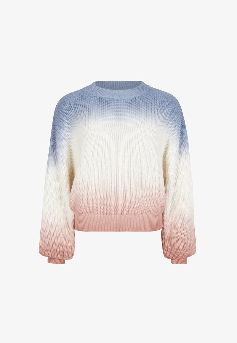 Sweter dzianinowy z designem ombre, przechodzącym od jasnoniebieskiego do białego i delikatnego różowego, z okrągłym dekoltem i ściągaczami.