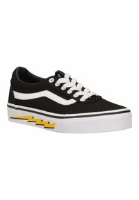 Sneaker nera in tela con lacci bianchi, striscia laterale e design a zigzag giallo sulla suola. Presenta una suola intermedia bianca in gomma e una parte superiore testurizzata.