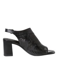 Sandale à talon haut ouverte noire en cuir perforé. Présente un design avec bride arrière et un talon bloc texturé.