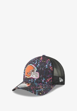 Cleveland Browns cap featuring a mesh back, black with colorful splatter design, and a prominent embroidered team helmet logo on the front.