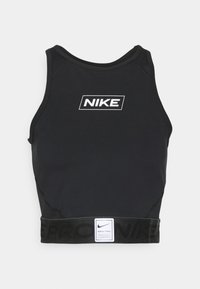 Top sportivo nero, realizzato in tessuto elasticizzato, con il logo bianco di Nike sul davanti e un elastico marchiato nero in vita.