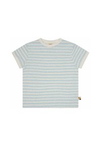 Gestreept t-shirt in lichtblauw en wit, korte mouwen, ronde hals, gemaakt van zachte katoen, met een klein gekleurd accentlabel op de zoom.
