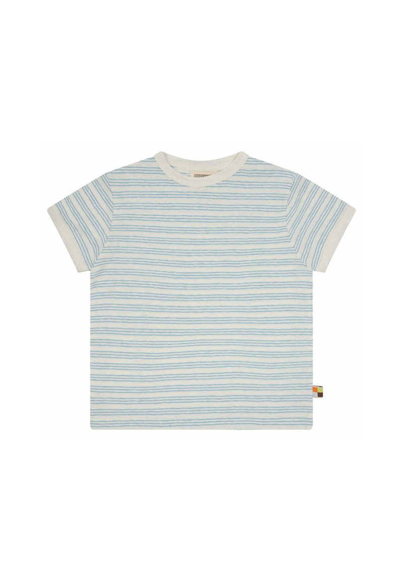 Gestreept t-shirt in lichtblauw en wit, korte mouwen, ronde hals, gemaakt van zachte katoen, met een klein gekleurd accentlabel op de zoom.