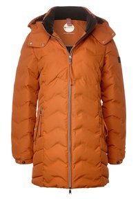 Padded oranžová parka s předním zipem, kapucí, bočními kapsami a chevronovým prošíváním. Kontrastní černá podšívka.