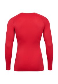 Rode sportieve shirt met lange mouwen, gemaakt van rekbaar materiaal, met een gladde, strakke pasvorm, raglanmouwen en een ronde hals.