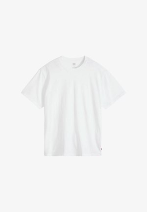 Weißes Baumwoll-T-Shirt mit Rundhalsausschnitt, kurzen Ärmeln und lockerer Passform. Verfügt über ein kleines Markenschild unten links.