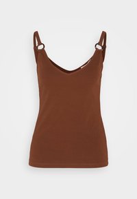 Brown ribbed tank top featuring a V-neck and adjustable straps with metal ring accents. Smooth texture and fitted design.