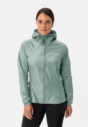 Lightweight, mint green jacket with a zip closure, adjustable hood, and side pockets. Features a smooth, shiny texture and logo detail.