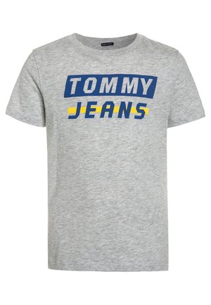 Grijze katoenen T-shirt met opvallende blauwe en gele tekst "TOMMY JEANS." Klassiek ontwerp met ronde hals en korte mouwen.