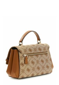 Sac à main en cuir marron et toile à motifs avec une poignée supérieure, une poche zippée et une forme structurée. Présente des accents en métal doré.