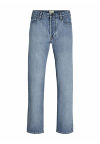 Jeans bleu deschis drept, realizate din denim, prezentând un design clasic cu cinci buzunare și un fermoar cu închidere prin buton.