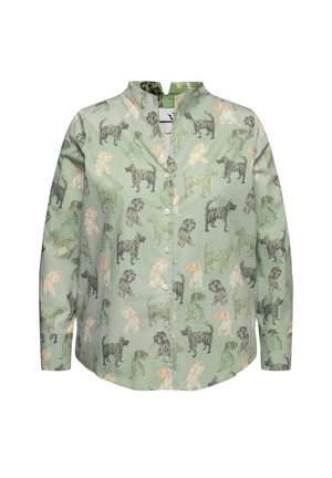 Košile s dlouhým rukávem v světle zelené barvě z bavlny se vzorem zvířat. Obsahuje zapínání na knoflíky a límec s páskem. Jemná textura a volný střih.