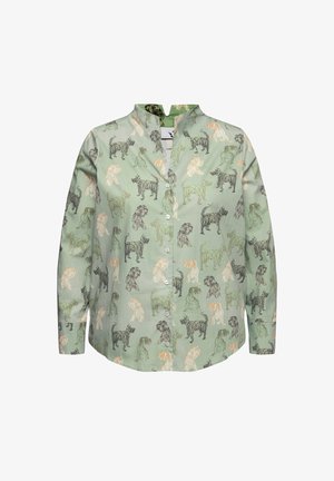Košile s dlouhým rukávem v světle zelené barvě z bavlny se vzorem zvířat. Obsahuje zapínání na knoflíky a límec s páskem. Jemná textura a volný střih.