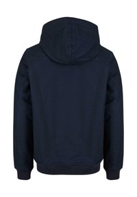 Marineblå hettegenser med myk tekstur, ribbete mansjetter og nederkant, samt et enkelt design, sett fra baksiden.
