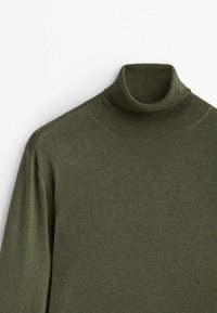Donkergroen coltrui van zacht gebreid materiaal. Heeft een aansluitende halslijn en lange mouwen met een gladde textuur en een minimaal ontwerp.