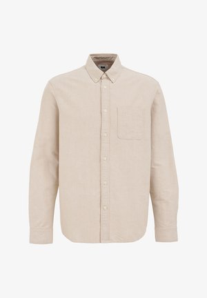 Beige long-sleeve shirt in a textured fabric, featuring a button-down collar, front pocket, and button closure. Classic cut with straight hem.