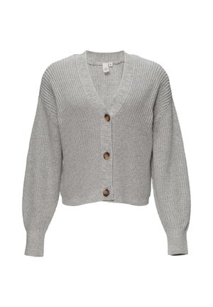 Grauer Strickcardigan mit V-Ausschnitt, langen Ärmeln und fünf großen braunen Knöpfen auf der Vorderseite. Texturiertes Material mit lässiger Passform.
